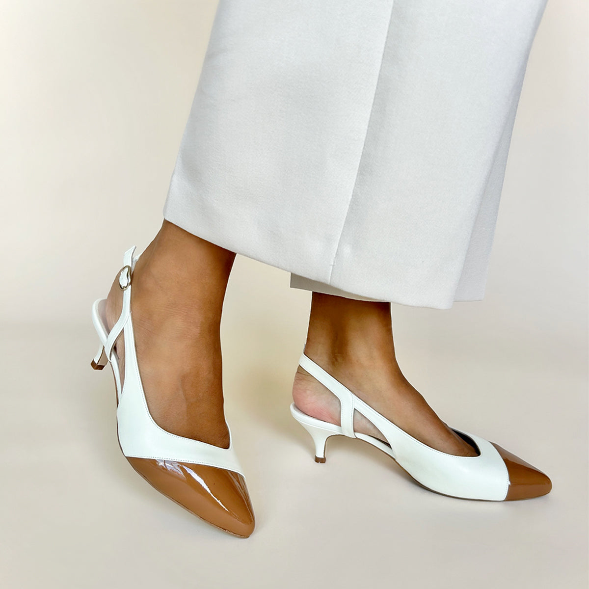 Lena Wide Width Slingback Cream Leather Tan Patent