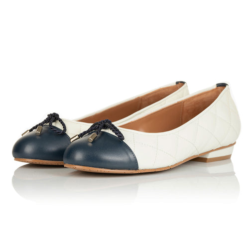 Alice Wide Width Ballet Flats - White & Navy Quilted Leather