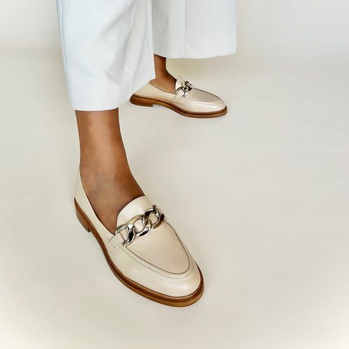 Wide Width Loafers  -  Beige Leather