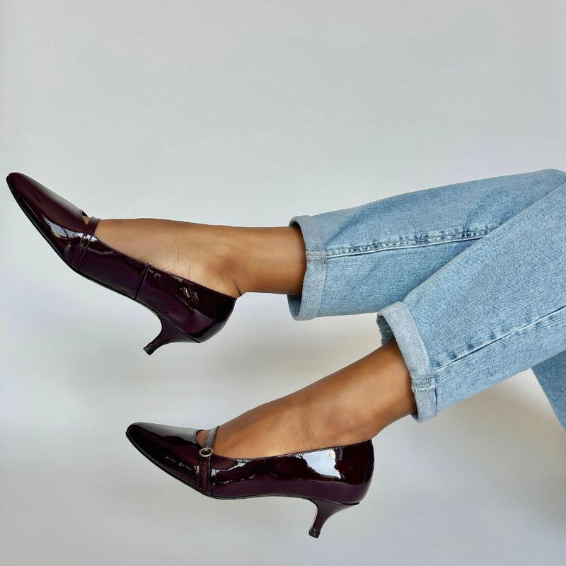 Billie Extra Wide Kitten Heels - Burgundy Patent Leather