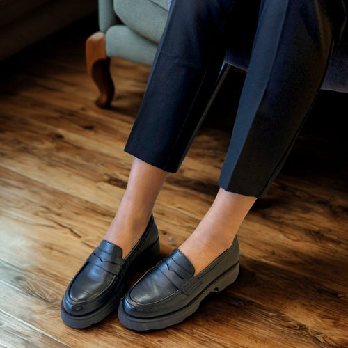 Wide Width Chunky Loafers  -  Black Leather