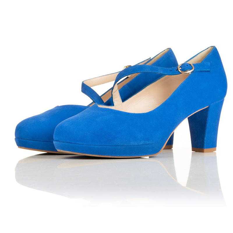 Clare Wide Width Mary Jane Platforms - Electric Blue Suede