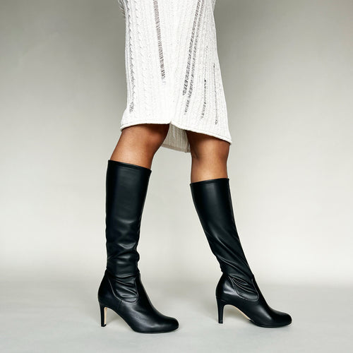 Isla Wide Width Knee High Boots - Black Leather & Faux Leather Mix