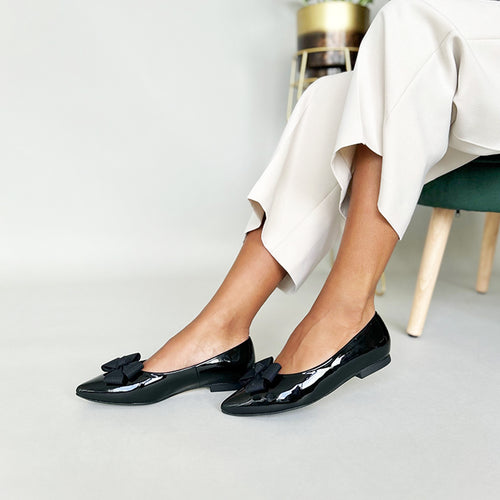 Laura Wide Width Ballet Flats With Bow - Black Patent