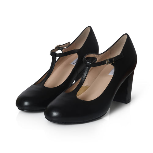Lorna Extra Wide T-Bar Pumps - Black Leather