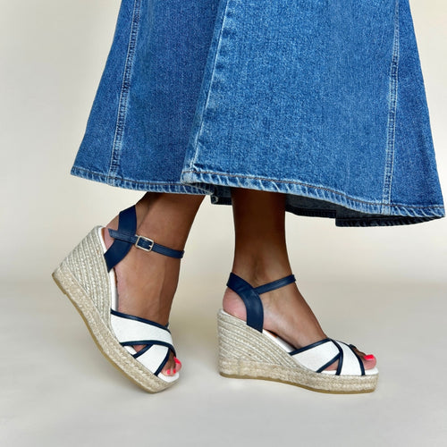 Lottie - Espadrille Wedge Sandal - Navy & Nude Canvas