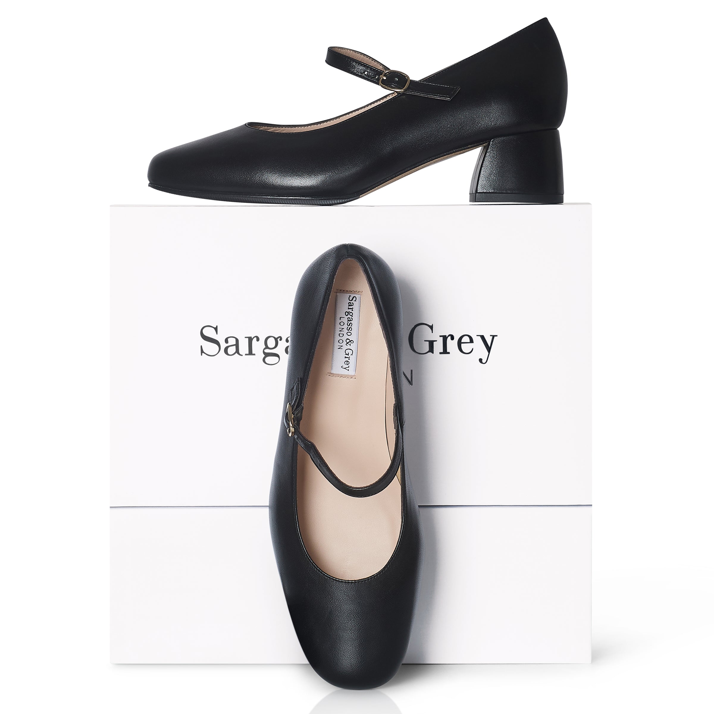 Extra-wide Width Black Leather Mary Jane block heel pumps