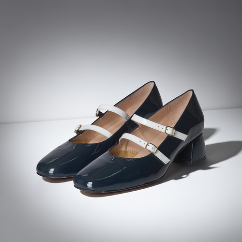 Mary Jane Extra Wide Width Block Heel Pumps - Navy Patent