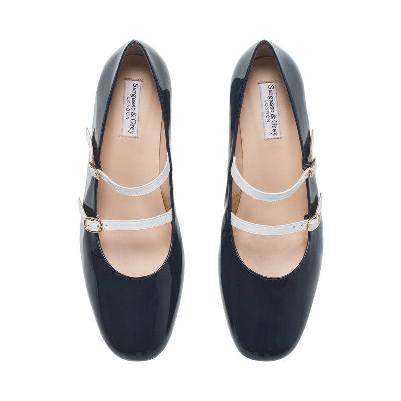 Mary Jane Extra Wide Width Block Heel Pumps - Navy Patent