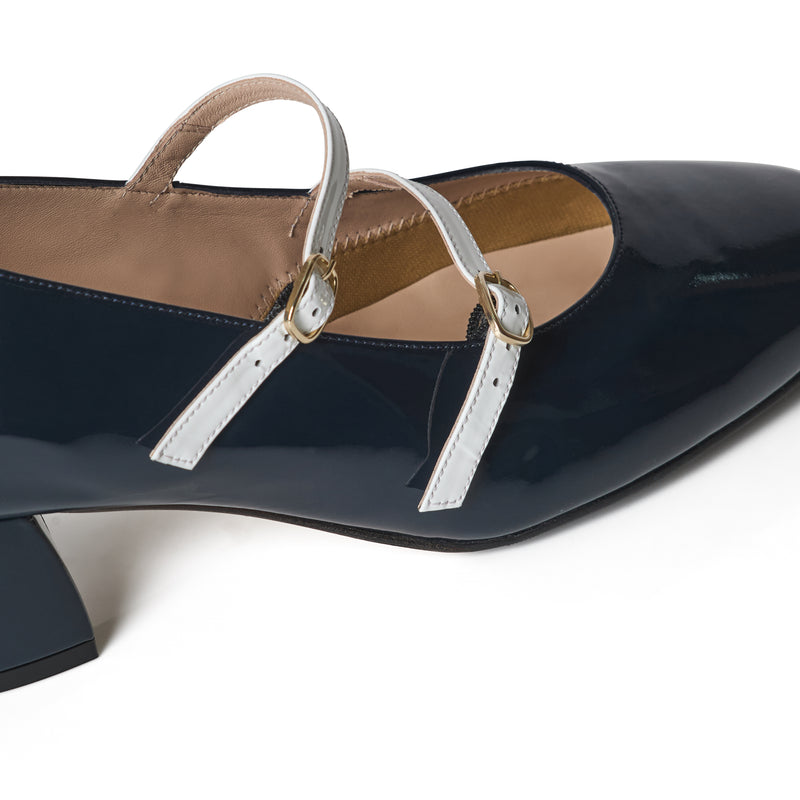 Mary Jane Extra Wide Width Block Heel Pumps - Navy Patent