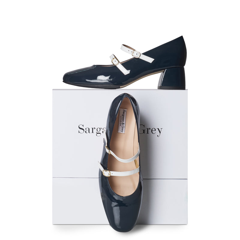 Mary Jane Extra Wide Width Block Heel Pumps - Navy Patent