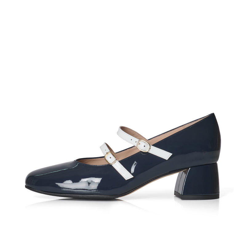Mary Jane Extra Wide Width Block Heel Pumps - Navy Patent