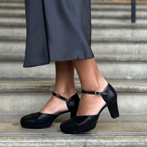 Mika Extra Wide Width Platform Heels - Black Snake-Print Suede