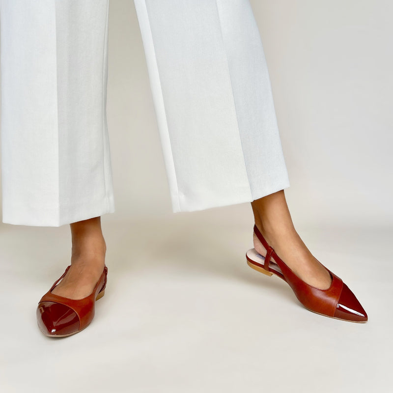 Sadie Extra Wide Width Slingback Flats - Tan Leather & Patent