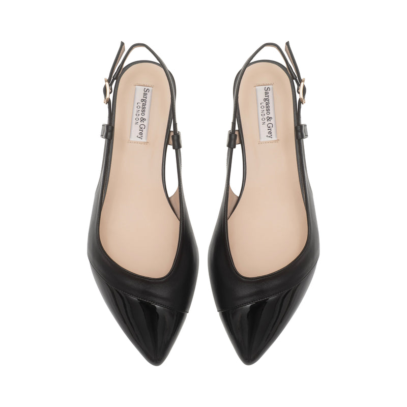 Sadie Wide Width Slingback Flats - Black Leather & Patent