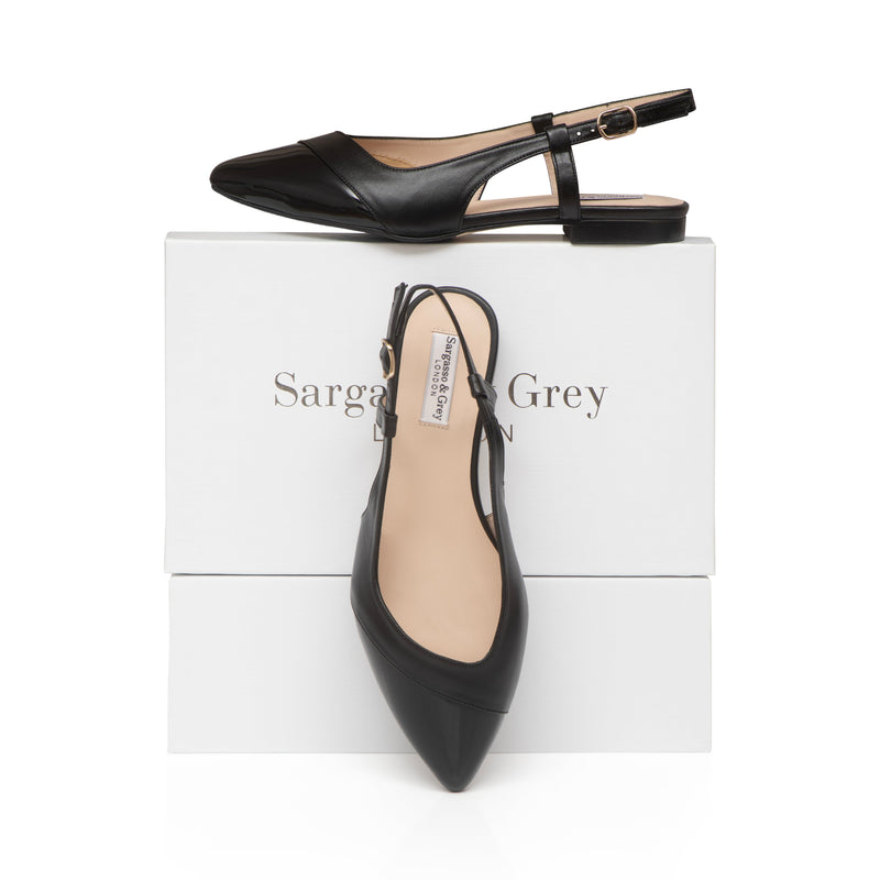 Sadie Extra Wide Width Slingback Flats - Black Leather & Patent