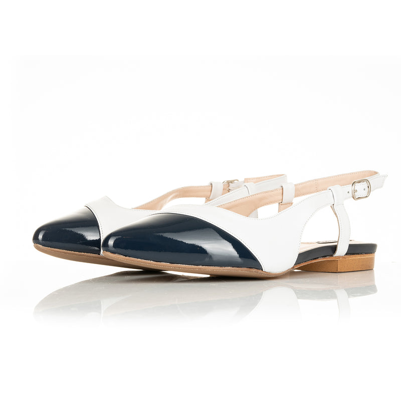 Sadie Wide Width Slingback Flats - White Leather & Navy Patent