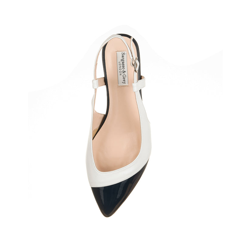 Sadie Wide Width Slingback Flats - White Leather & Navy Patent