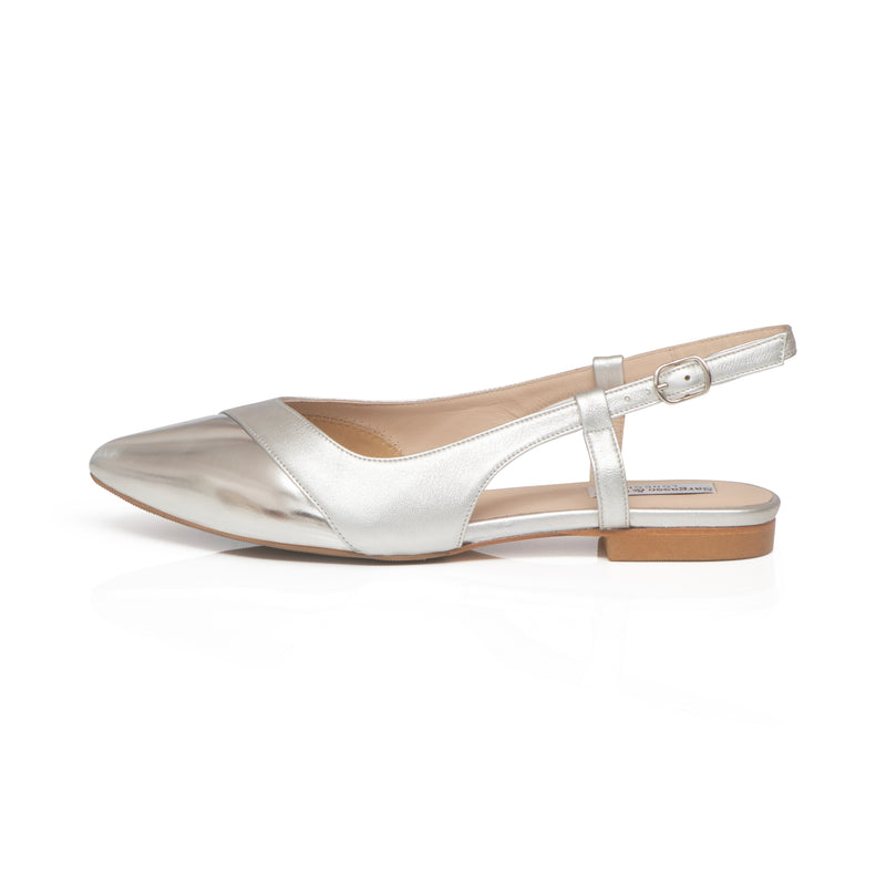 Sadie Wide Width Slingback Flats - Silver Leather & Patent