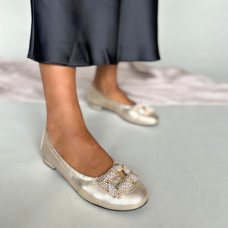 Saffron Wide Width Ballet Flats - Gold Stretch Leather