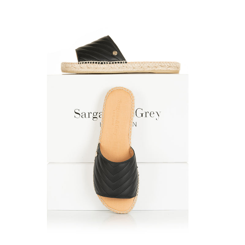 Sarah - Wide Width Espadrille Sliders - Black Quilted Leather