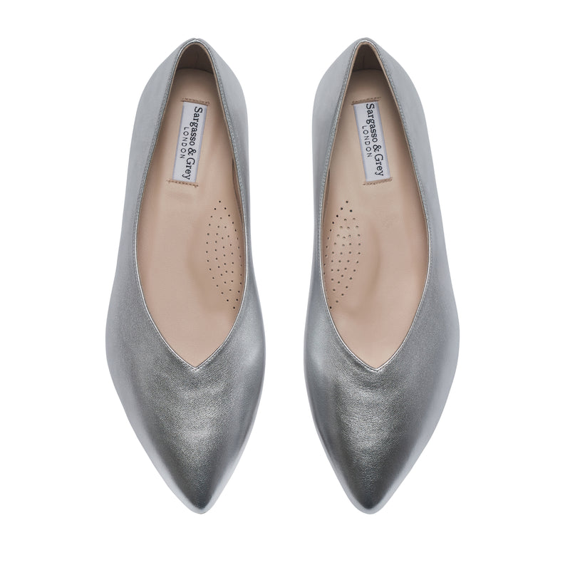 wide silver dress shoes Wide Width Silver Leather Pointed Flats – Sargasso and Grey USA