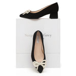 Tess Extra Wide Width Pumps with Pearl Bow - Black Suede