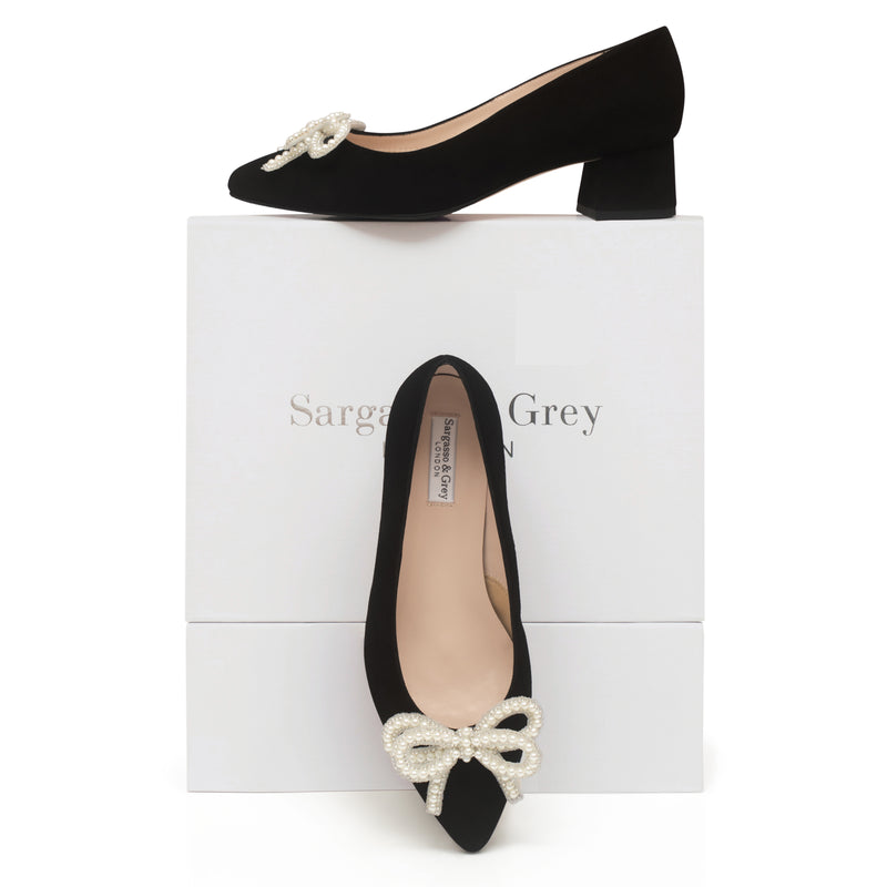 Tess Extra Wide Width Pumps with Pearl Bow - Black Suede