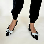 Tess Wide Width Pumps with Pearl Bow - Black Suede