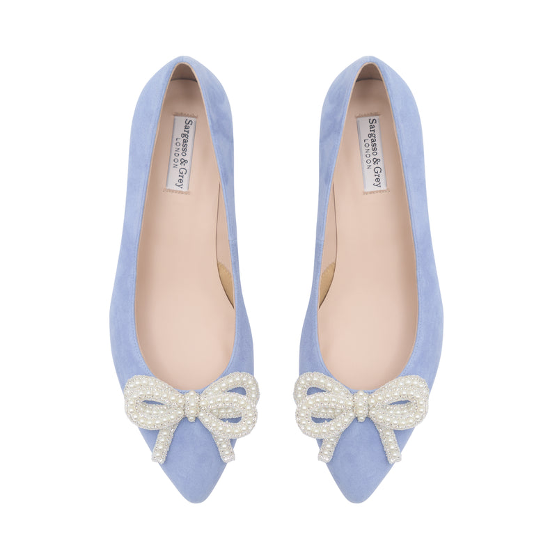 Tess Extra Wide Width Pumps with Pearl Bow - Blue Suede