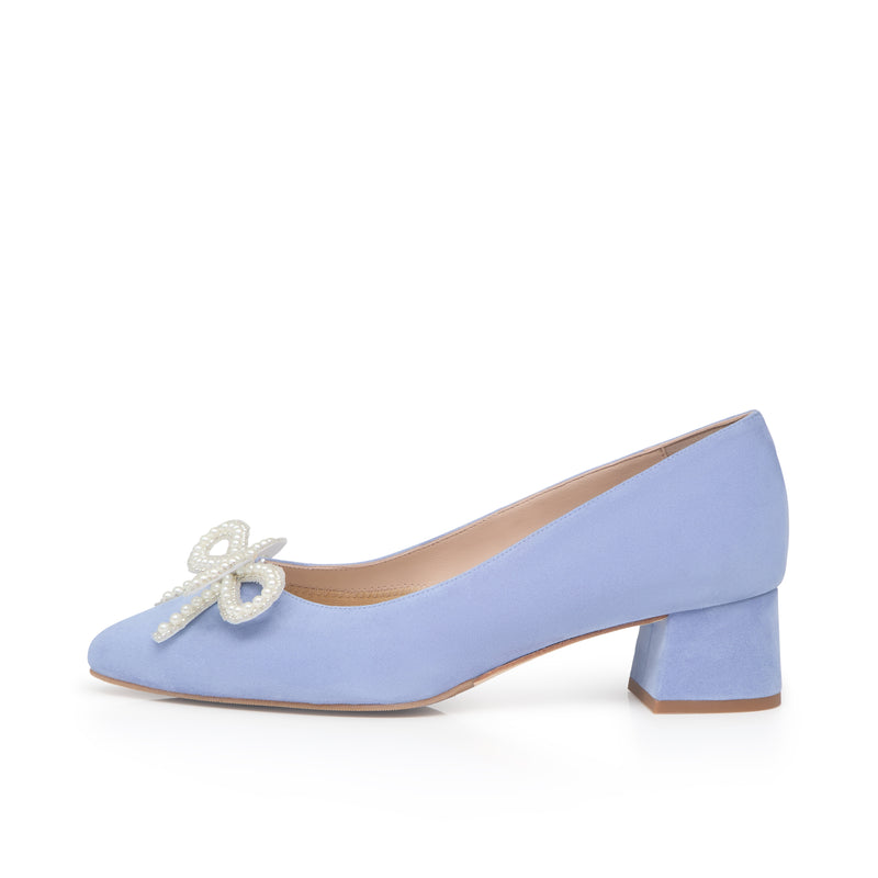 Tess Extra Wide Width Pumps with Pearl Bow - Blue Suede