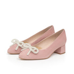 Tess Extra Wide Width Pumps with Pearl Bow - Pink Suede
