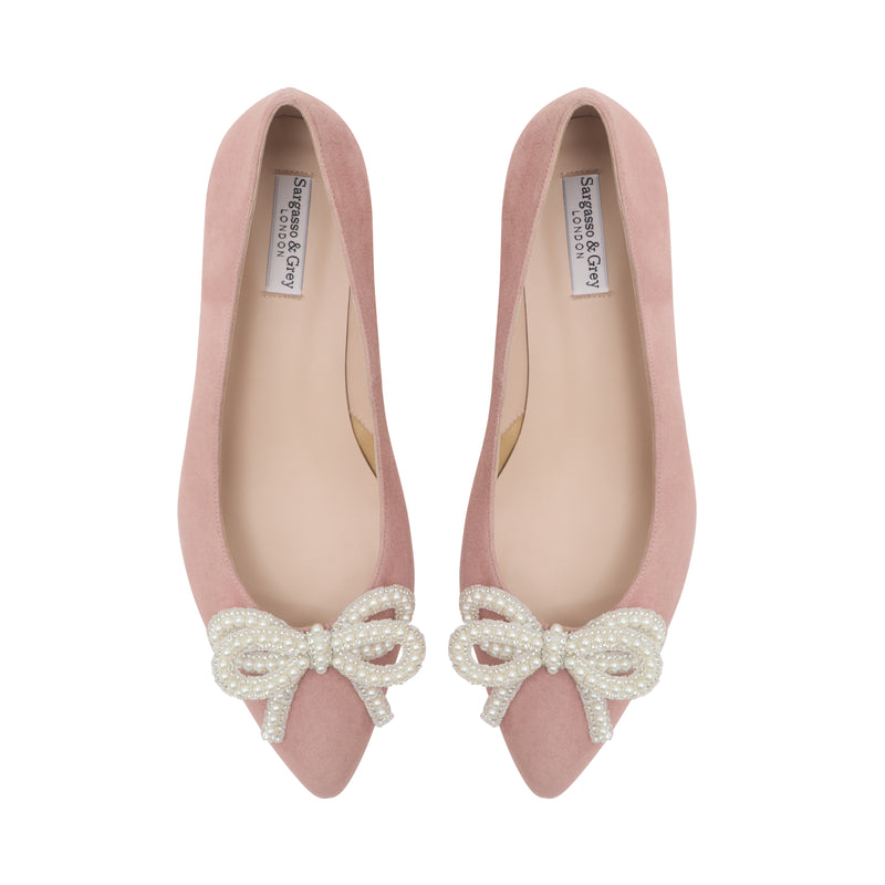 Tess Extra Wide Width Pumps with Pearl Bow - Pink Suede