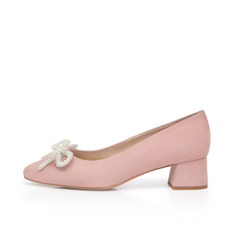 Tess Extra Wide Width Pumps with Pearl Bow - Pink Suede