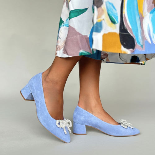 Tess Extra Wide Width Pumps with Pearl Bow - Blue Suede