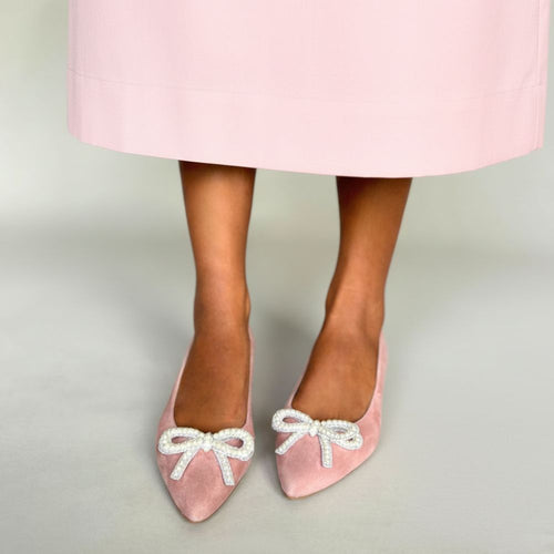 Tess Extra Wide Width Pumps with Pearl Bow - Pink Suede