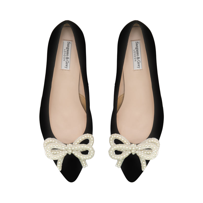 Tess Wide Width Pumps with Pearl Bow - Black Suede