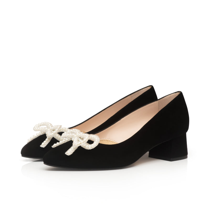 Tess Wide Width Pumps with Pearl Bow - Black Suede