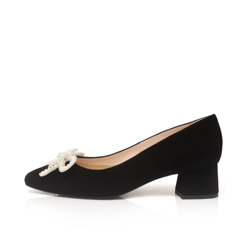 Tess Wide Width Pumps with Pearl Bow - Black Suede