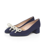 Tess Extra Wide Width Pumps with Pearl Bow - Navy Suede