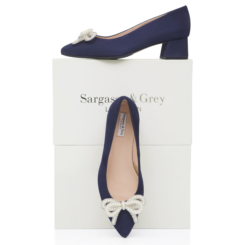 Tess Extra Wide Width Pumps with Pearl Bow - Navy Suede