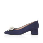 Tess Extra Wide Width Pumps with Pearl Bow - Navy Suede