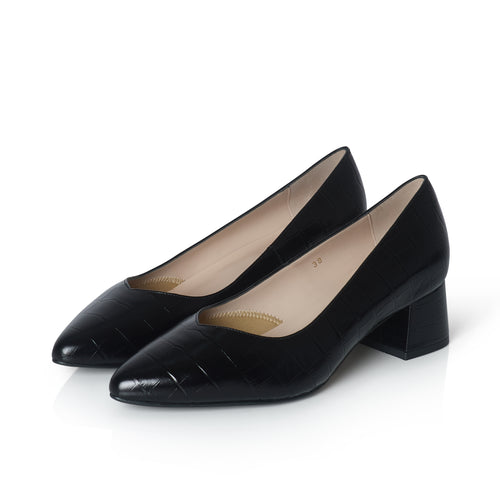 Tori Extra Wide Width Block Heel Pumps - Black Mock-Croc