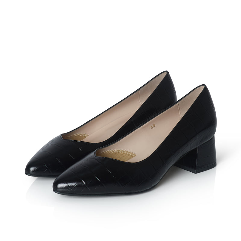 Tori Extra Wide Width Block Heel Pumps - Black Mock-Croc