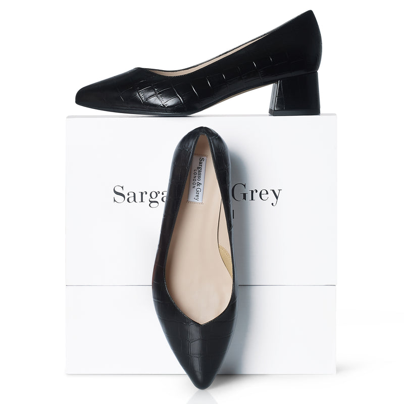 Tori Extra Wide Width Block Heel Pumps - Black Mock-Croc