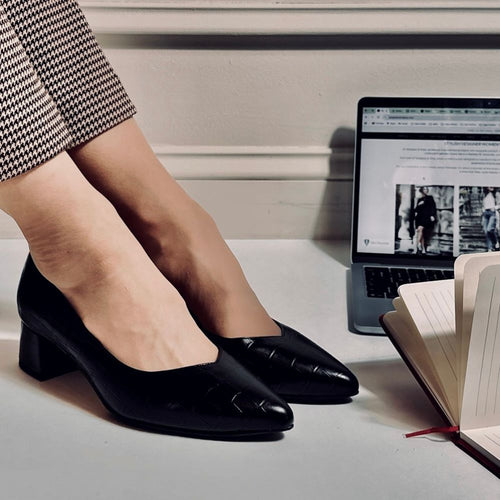 Tori Extra Wide Width Block Heel Pumps - Black Mock-Croc