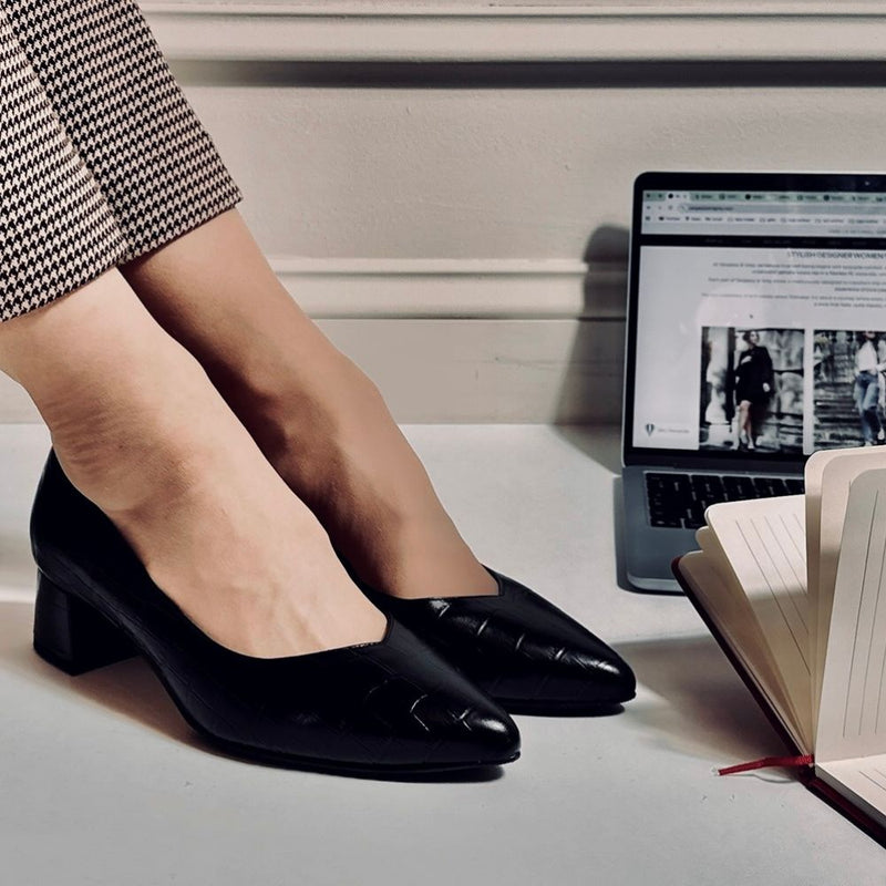 Tori Extra Wide Width Block Heel Pumps - Black Mock-Croc