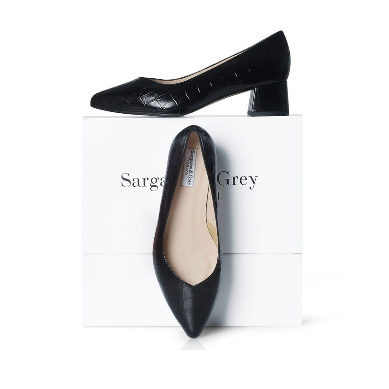 Tori Extra Wide Width Block Heel Pumps - Black Mock-Croc