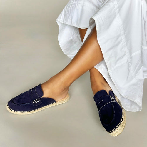 Esme Wide Width Loafer Sliders  -  Navy Suede