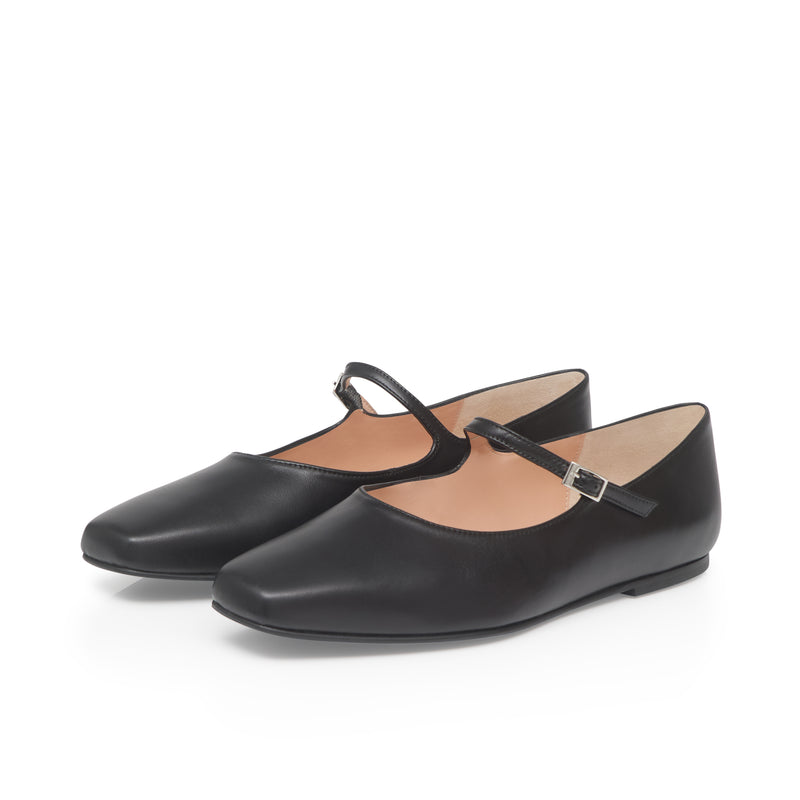 Mary-Jane Wide Width Ballet Flats - Black Leather